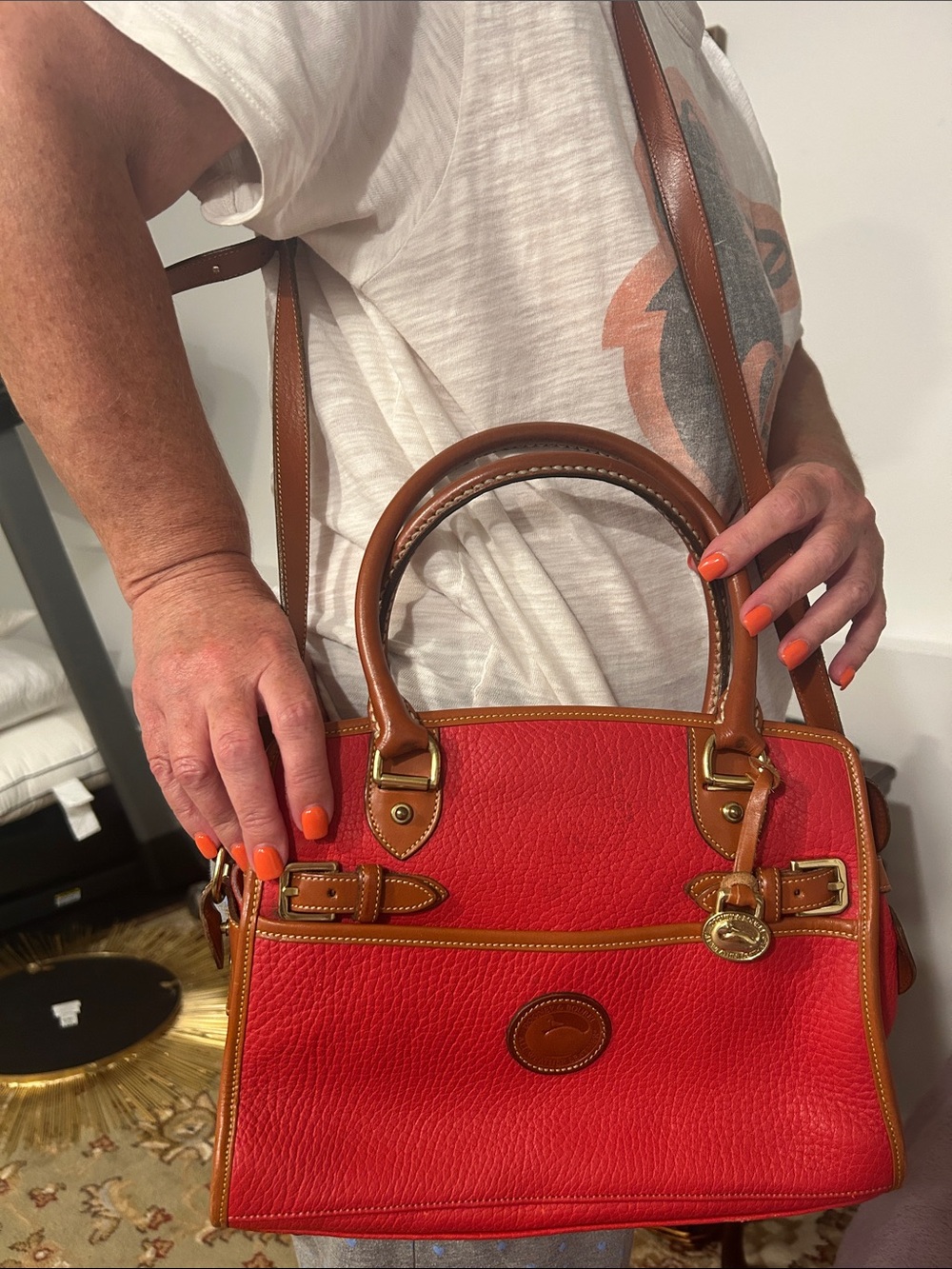 Vintage Dooney & Bourke Red Pebbled Leather Satchel with British Tan Trim
